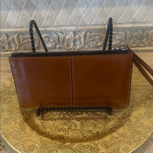 NWT Brown Faux Leather 8” Wristlet with Zip Top Closure